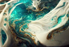 Fototapeta pltno 174 x 120, 538117667 - Spectacular image of teal and white liquid ink churning together, with a realistic texture and great quality for abstract concept. Digital art 3D illustration.