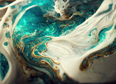 Fototapeta pltno 240 x 174, 538117667 - Spectacular image of teal and white liquid ink churning together, with a realistic texture and great quality for abstract concept. Digital art 3D illustration.