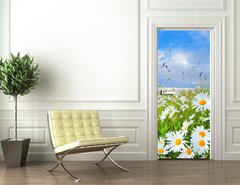 Samolepka na dvee flie 90 x 220  many chamomile flowers over blue sky, 90 x 220 cm