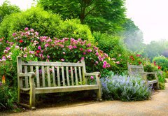 Fototapeta174 x 120  Art bench and flowers in the morning in an English park, 174 x 120 cm