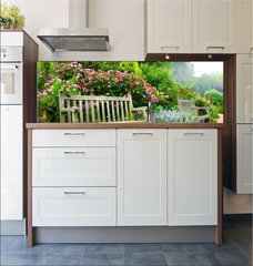 Fototapeta do kuchyn flie 180 x 60  Art bench and flowers in the morning in an English park, 180 x 60 cm