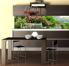 Fototapeta do kuchyn flie 260 x 60  Art bench and flowers in the morning in an English park, 260 x 60 cm