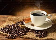 Fototapeta vliesov 200 x 144, 54792781 - Coffee cup and coffee beans on old wooden background