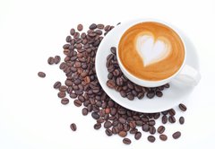 Fototapeta plátno 174 x 120, 54856879 - A cup of cafe latte and coffee beans on white - Šálek kávy latte a kávových bobů na bílém