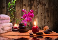 Fototapeta vliesov 145 x 100, 55155599 - massage - bamboo - orchid, towels, candles stones