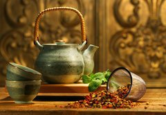 Samolepka flie 145 x 100  Asian herb tea on an old rustic table, 145 x 100 cm