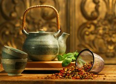Fototapeta240 x 174  Asian herb tea on an old rustic table, 240 x 174 cm