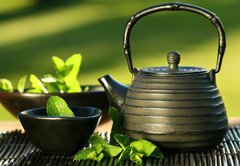 Samolepka flie 145 x 100, 5535303 - Black iron asian teapot with sprigs of mint for tea