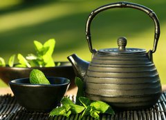 Fototapeta240 x 174  Black iron asian teapot with sprigs of mint for tea, 240 x 174 cm