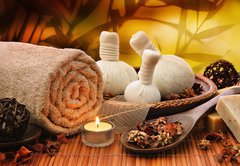 Fototapeta pltno 174 x 120, 55741777 - Massage background with rolled towel, spa balls and candlelight