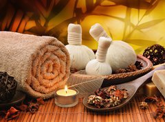 Fototapeta pltno 330 x 244, 55741777 - Massage background with rolled towel, spa balls and candlelight