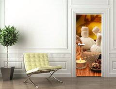 Samolepka na dvee flie 90 x 220, 55741777 - Massage background with rolled towel, spa balls and candlelight