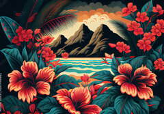 Fototapeta papr 184 x 128, 557498662 - Hawaiian style pattern with hibiscus flowers and lush vegetation ideal for exotic backgrounds