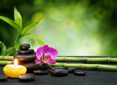 Samolepka flie 100 x 73  purple orchid, candle, with stones , bamboo on black mat, 100 x 73 cm