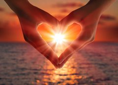 Samolepka flie 200 x 144, 56533400 - sunset in heart hands - zpad slunce v rukou srdce