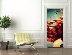 Samolepka na dvee flie 90 x 220  Fashion Model Woman Portrait with Long Curly Red Hair, 90 x 220 cm