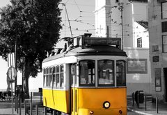 Fototapeta145 x 100  Lisbon old yellow tram over black and white background, 145 x 100 cm