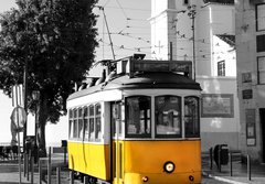 Fototapeta184 x 128  Lisbon old yellow tram over black and white background, 184 x 128 cm