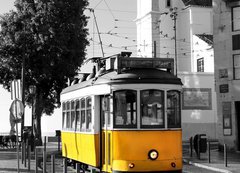 Fototapeta200 x 144  Lisbon old yellow tram over black and white background, 200 x 144 cm