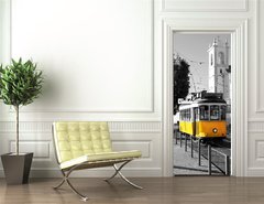 Samolepka na dvee flie 90 x 220  Lisbon old yellow tram over black and white background, 90 x 220 cm