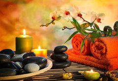 Fototapeta pltno 174 x 120, 59390339 - preparation for massage in orange lights and black stones
