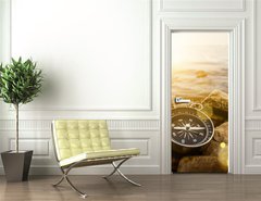 Samolepka na dvee flie 90 x 220, 60262537 - compass on the shore at sunrise - kompas na pobe pi vchodu slunce