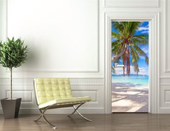 Samolepka na dvee flie 90 x 220  Coconut Palm tree on the white sandy beach, 90 x 220 cm