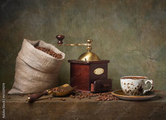 Samolepka flie 200 x 144, 61329074 - Still life with cup of coffee and grinder - Zti s lkem kvy a mlnkem
