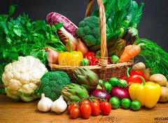 Samolepka flie 100 x 73, 61518085 - Raw vegetables in wicker basket on wooden table