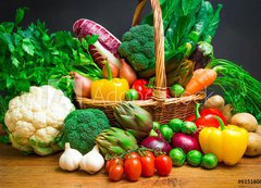 Samolepka flie 200 x 144  Raw vegetables in wicker basket on wooden table, 200 x 144 cm