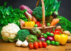 Fototapeta240 x 174  Raw vegetables in wicker basket on wooden table, 240 x 174 cm