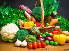 Fototapeta pltno 330 x 244, 61518085 - Raw vegetables in wicker basket on wooden table