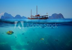 Fototapeta145 x 100  Tropical underwater shot splitted with ship and sky, 145 x 100 cm