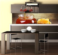 Fototapeta do kuchyn flie 260 x 60  jar of honey with honeycomb, 260 x 60 cm