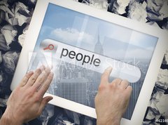 Samolepka flie 270 x 200, 62169179 - Hand touching people on search bar on tablet screen - Ruka se dotk lid na vyhledvacm panelu na obrazovce tabletu