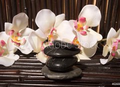 Fototapeta160 x 116  Massage stones and orchid flowers on bamboo, 160 x 116 cm