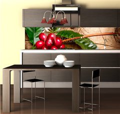 Fototapeta do kuchyně fólie 260 x 60, 62633305 - Coffee Plant. Red coffee beans on a branch of coffee tree - Kávovar. Červená kávová zrna na větvi kávy