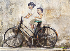 Samolepka flie 100 x 73, 62780970 - Little Children on a Bicycle Mural. - Mal dti na nstnn malb na kole.