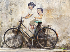 Fototapeta pltno 330 x 244, 62780970 - Little Children on a Bicycle Mural.