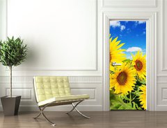 Samolepka na dvee flie 90 x 220, 62796944 - sunflower field and blue sky with clouds