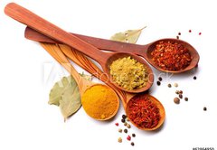 Fototapeta145 x 100  Spices and herbs. Curry, saffron, turmeric, cinnamon over white, 145 x 100 cm