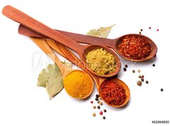 Samolepka flie 270 x 200, 62864850 - Spices and herbs. Curry, saffron, turmeric, cinnamon over white