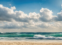 Fototapeta plátno 160 x 116, 629716136 - Ocean coast panorama in calm weather with small waves, blue sky, white clouds and bright sun. Seascape illustration. Generative AI