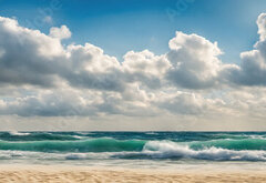Fototapeta pltno 174 x 120, 629716136 - Ocean coast panorama in calm weather with small waves, blue sky, white clouds and bright sun. Seascape illustration. Generative AI