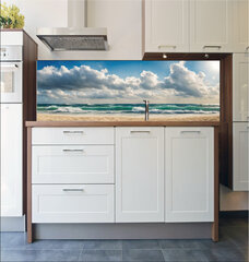 Fototapeta do kuchyn flie 180 x 60, 629716136 - Ocean coast panorama in calm weather with small waves, blue sky, white clouds and bright sun. Seascape illustration. Generative AI
