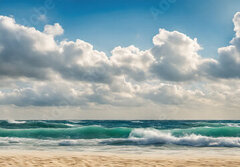Fototapeta papr 184 x 128, 629716136 - Ocean coast panorama in calm weather with small waves, blue sky, white clouds and bright sun. Seascape illustration. Generative AI