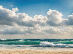 Fototapeta pltno 330 x 244, 629716136 - Ocean coast panorama in calm weather with small waves, blue sky, white clouds and bright sun. Seascape illustration. Generative AI