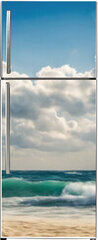 Samolepka na lednici fólie 80 x 200, 629716136 - Ocean coast panorama in calm weather with small waves, blue sky, white clouds and bright sun. Seascape illustration. Generative AI