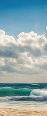 Samolepka na dveře fólie 90 x 220, 629716136 - Ocean coast panorama in calm weather with small waves, blue sky, white clouds and bright sun. Seascape illustration. Generative AI