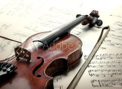 Samolepka flie 100 x 73, 63221798 - Old scratched violin with sheet music. Vintage style. - Star pokrban housle s notami. Prastar styl.